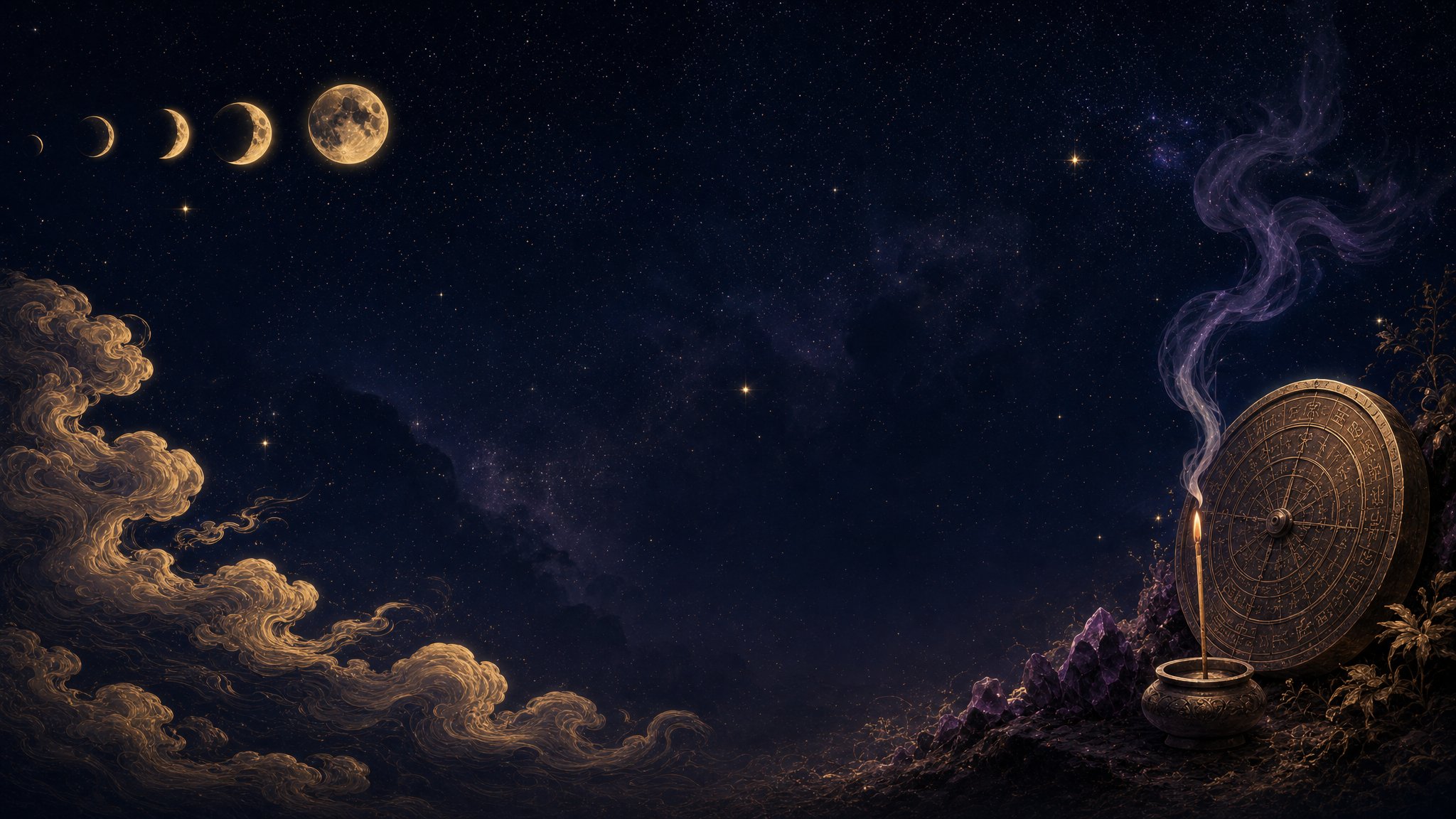 Myxmh — eastern night sky with moon phases, astrolabe and incense