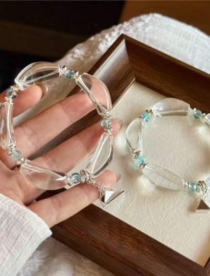 Original design petal bangle with clear quartz bracelet, nature-inspired jewelry gift